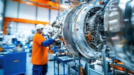Skilled Technician Assembling Engine Components in Modern Workshop