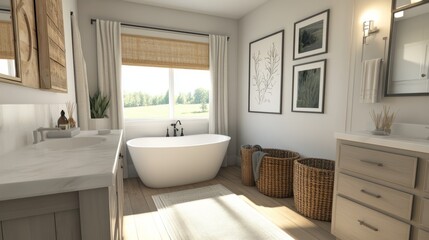 A calming modern bathroom with a freestanding tub, wicker baskets, and neutral decor. Warm wood tones and bright natural light create a cozy retreat.