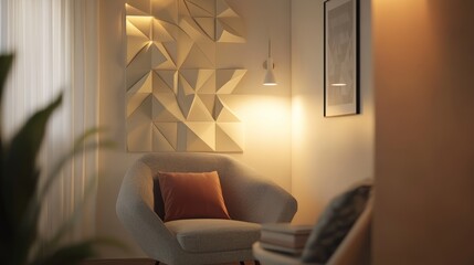 A chic and cozy corner with geometric wall art, a plush reading chair, and soft lighting, creating the perfect atmosphere for relaxation.
