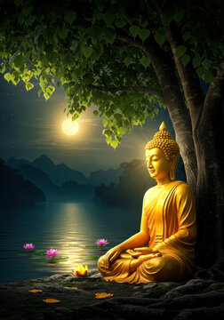 Buddha purnima tranquility: golden buddha meditation by moonlit lake