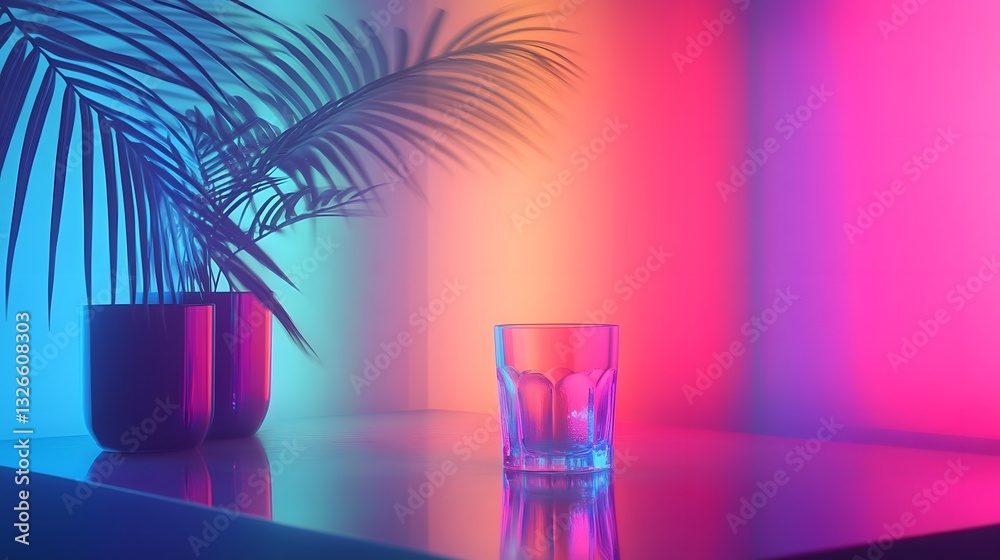 Poster empty glass sitting on table under palm tree with neon lights reflecting