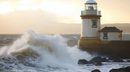 Obraz premium Majestic Lighthouse Standing Strong Against Powerful Ocean Waves