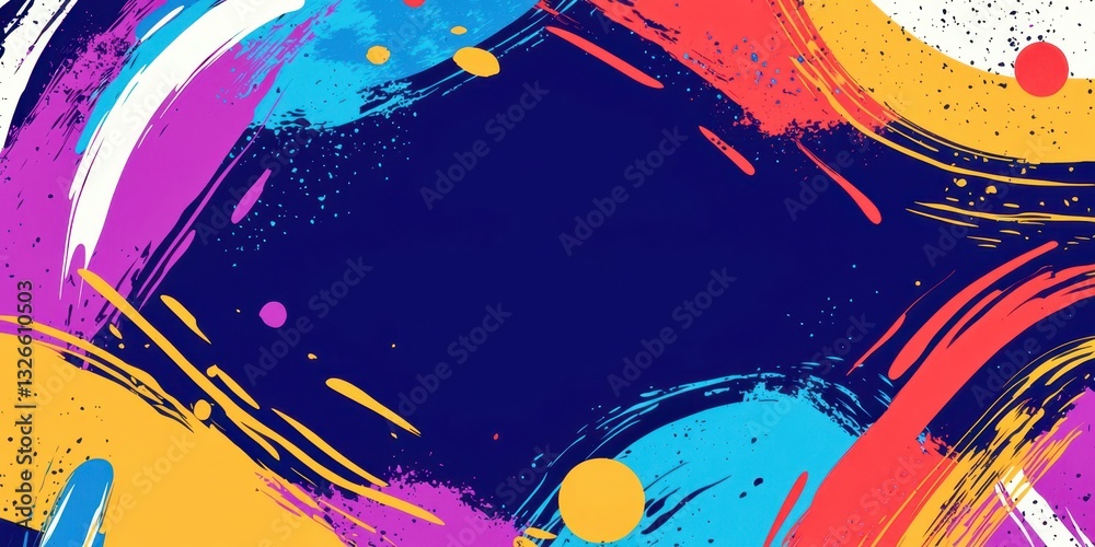 Poster a colorful background with a blue border and a white circle in the middle