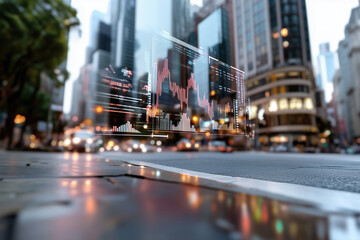 Fototapeta premium dynamic digital landscape featuring transforming cityscapes and financial data visualizations, showcasing intersection of technology and urban life