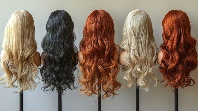 Diverse Colorful Wigs Arranged in Studio Showing Back View and Texture