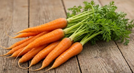 Bunch of fresh orange carrots with green tops on a rustic wooden table
