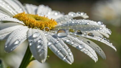 Naklejka premium Micro petals background Close-up of a daisy with water droplets reflecting light in a natural setting. Abstract micro flower.