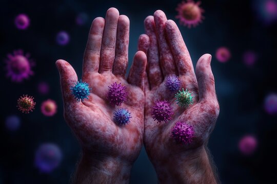 A highly detailed digital illustration of a pair of human hands covered in various colorful and grotesque germs, bacteria, and viruses. The microbes appear to glow under ultraviolet light, emphasizin