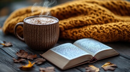 Cozy autumn beverage and book on rustic wood