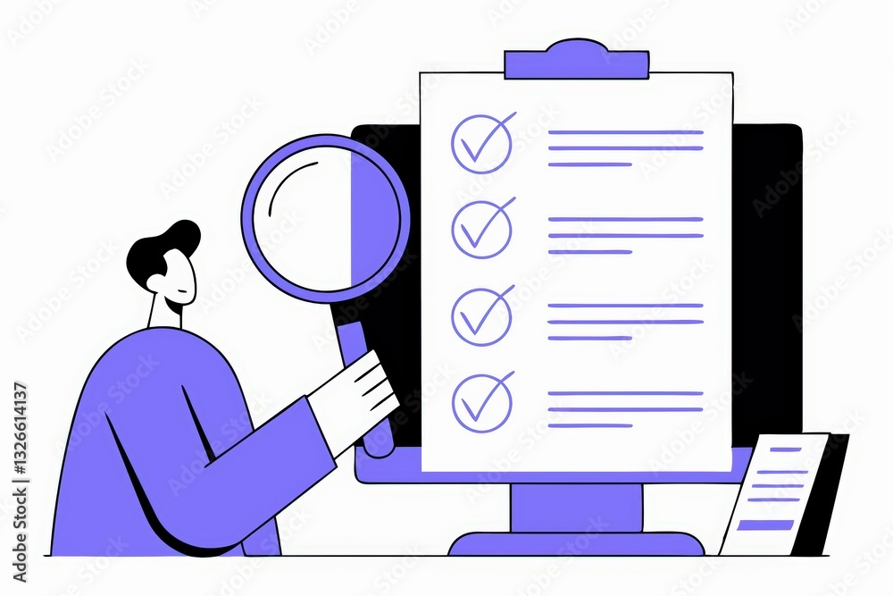 Poster a person checks off items on a list while using a magnifying glass, focused on a computer screen wit