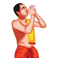 Indian Pandit Is Blowing Conch Shell Portrait Vector Illustration