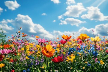 Obraz premium Colorful wildflower meadow under a bright blue sky adorned with fluffy white clouds on a sunny day