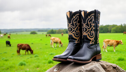 Stylish black snakeskin cowboy boots on a rock in pasture, western essence