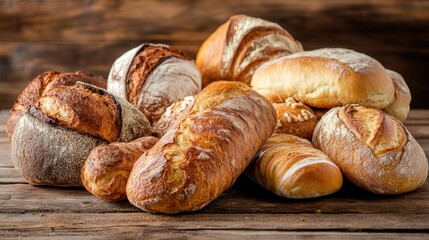 
Rustic breads and loaves of various types on a wooden table with a dark background