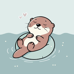 niedliche Illustration eines entspannten Fischotters, der gen&uuml;sslich auf einem Schwimmreifen im Wasser treibt. Mit geschlossenen Augen und einem zufriedenen L&auml;cheln genie&szlig;t das Tier die sanften Wellen