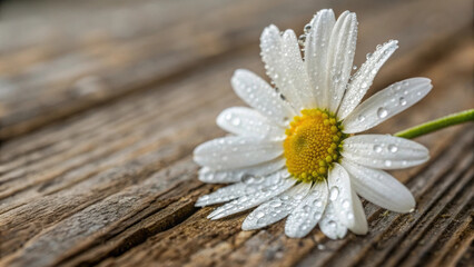Obraz premium Micro petals background A close-up of a daisy with dew drops resting on a wooden surface. Abstract micro flower.