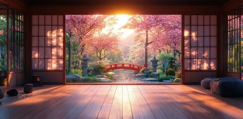 Fototapeta premium Serene Japanese Room with Cherry Blossoms and Garden View Anime Background Illustration
