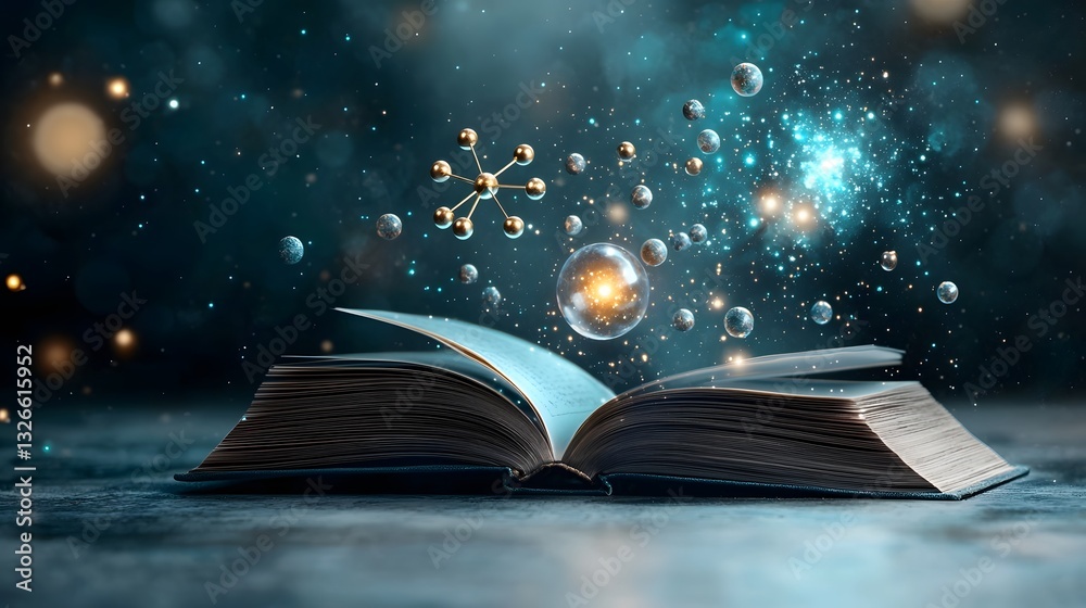 Poster a captivating image showcasing an open book projecting a 3d model of the periodic table with each el