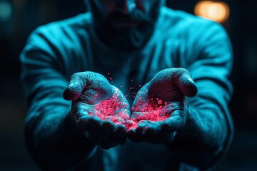 A photorealistic 3D-rendered image of an adult’s hands under a UV light, revealing countless glowing germs, bacteria, and viruses on the skin. The contrast between the invisible and visible microbes 