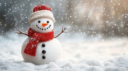 Fototapeta premium Smiling Snowman With Red Scarf and Hat Amidst Falling Snow in Winter Landscape