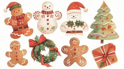 Watercolor Christmas Gingerbread Cookies Snowman Tree Gift Clipart