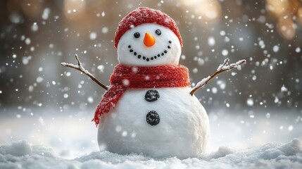 Smiling Snowman with Red Scarf and Hat in a Snowy Landscape
