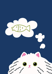 Funny cute white fluffy cat. Hungry cat. Cat thinks about fish. Vector flat illustration.