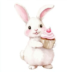 Obraz premium Adorable White Bunny Rabbit Holding Pink Cupcake Watercolor Illustration Easter Childrens Book