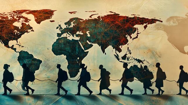 Human Migration Across Continents: Silhouettes of People Walking with a World Map Background Representing Global Movement and Connectivity