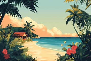 Beautiful tropical beach landscape featuring palm trees and ocean views