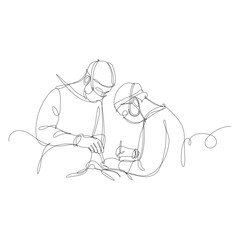 Two surgeons operate on a patient. Continuous line illustration on white background.