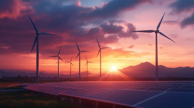 Vibrant sunset over a landscape with wind turbines and solar panels, symbolizing renewable energy and sustainable power generation.