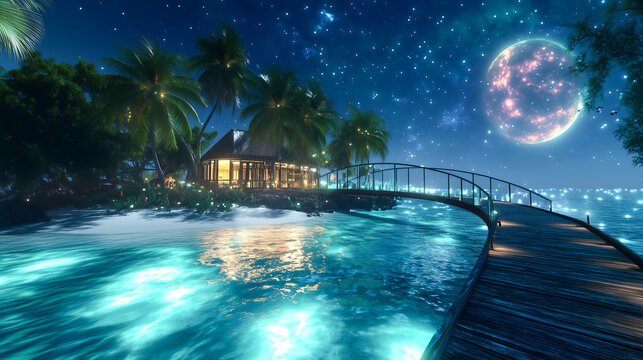 幻想的な南国リゾートの夜と輝く海