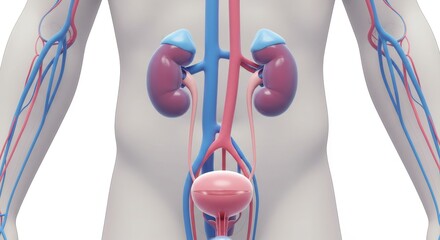 Human Urinary System: Kidneys and Bladder Anatomy - Detailed 3D medical illustration of the human urinary system, highlighting the kidneys, bladder, and ureters. Shows filtration, excretion