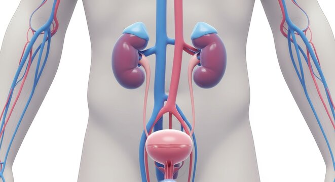 Human Urinary System: Kidneys and Bladder Anatomy - Detailed 3D medical illustration of the human urinary system, highlighting the kidneys, bladder, and ureters. Shows filtration, excretion