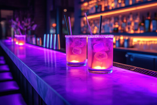 Two pink cocktails on a bar counter, garnished with lemon slices and mint leaves.