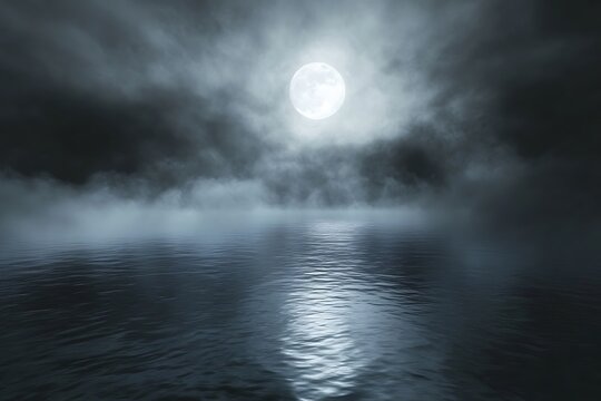 shapes a chilling and cryptic atmosphere in a lagoon highlighting blurred waters moonlight breaking through heavy clouds and a vibe of mystic force  
