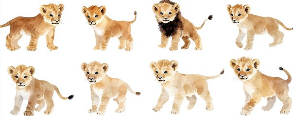 Adorable Watercolor Lion Cubs Eight Cute Baby Lions Wildlife Animal Collection