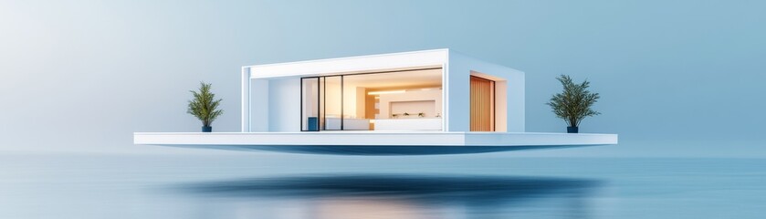 Fototapeta premium A floating 3D-rendered house in a futuristic real estate showroom