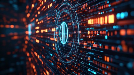 Abstract digital data stream with glowing circular interface.