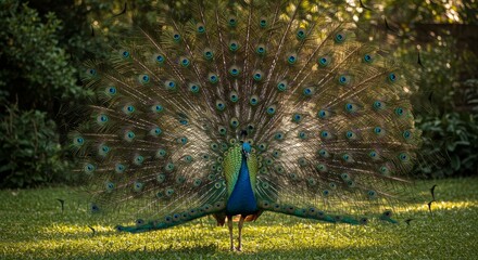 Obraz premium Indian Peacock in Vibrant Display - Majestic Indian peacock showcasing its iridescent train feathers, symbolizing beauty, pride, , spirituality, and nature's artistry
