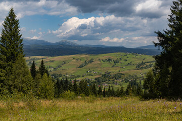 view from a mountainside to a village on the opposite slope in summer