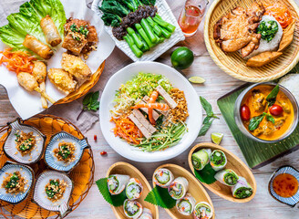 Vietnamese Appetizer Platter, Chinese Broccoli, Vietnamese Rice Paper Roll, Thai Red Curry, Lemongrass Pork Chop, Steamed Rice Cakes