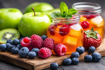 Refreshing fruit iced tea in mason jars, surrounded by fresh produce