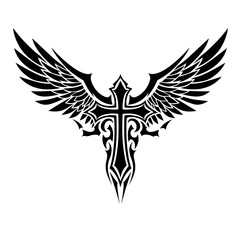 Tribal Cross with Wings: A Bold Black and White Tattoo Design