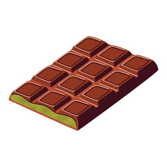 Dubai chocolate bar with pistachio filling, luxury gourmet dessert, premium cocoa treat, handmade chocolate. Flat vector illustration isolated on white background.