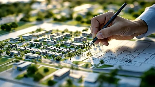 An architect carefully sketches an imaginary city plan on a large blueprint, detailing buildings, roads, and green spaces. The urban planning concept highlights zoning, land regist
