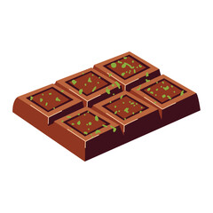 Dubai chocolate bar with pistachio sprinkles, gourmet cocoa dessert, handmade luxury treat, premium confectionery. Flat vector illustration isolated on white background.
