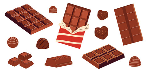 Chocolate set, collection of chocolate bars, truffles, pralines, cocoa sweets, gourmet dessert, handmade chocolate. Flat vector illustration isolated on white background.