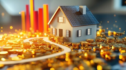 A miniature house sits on a bed of gold coins, with rising bar graphs in the background, symbolizing finance and real estate growth.